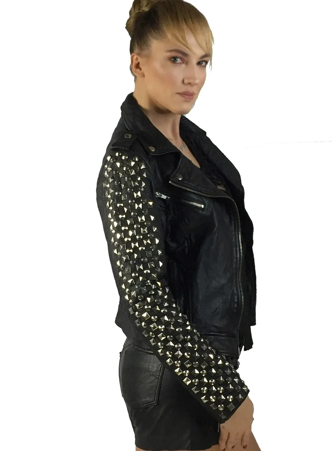 Kishi Women Leather Biker Jacket with Multi Studs at sleeves