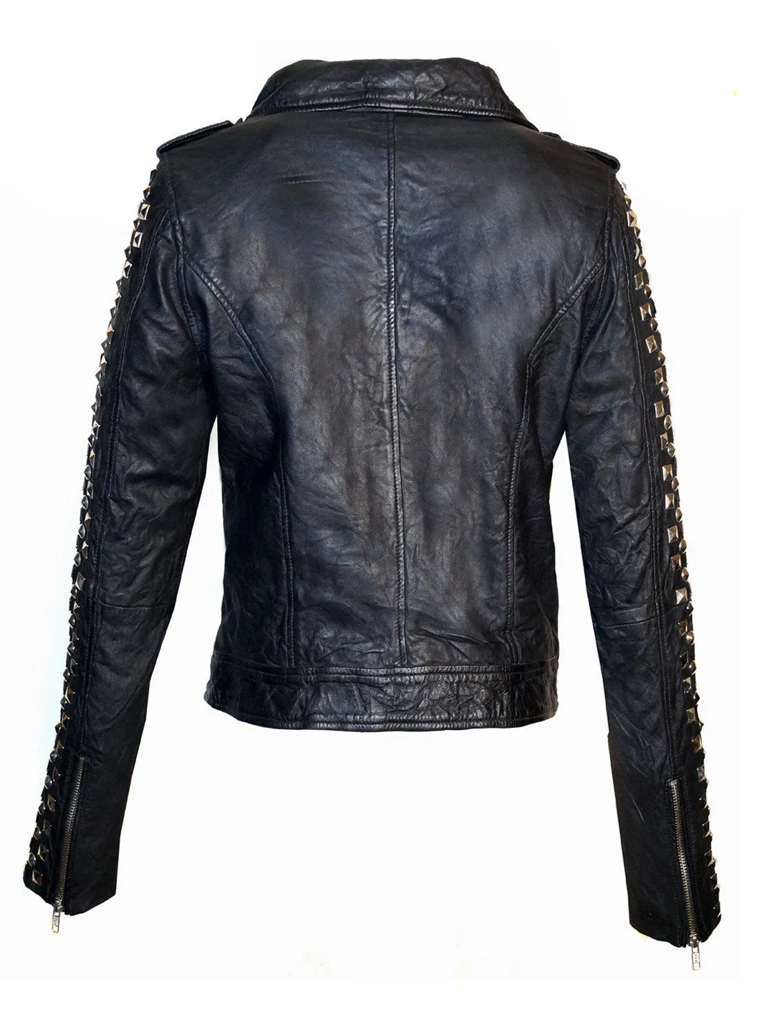 Kishi Women Leather Biker Jacket with Multi Studs at sleeves