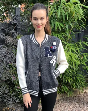 Knitted cardigan style bomber jacket with patch