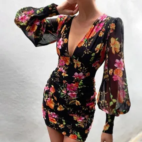 Lantern Long Sleeve Floral Print Bodycon Dress