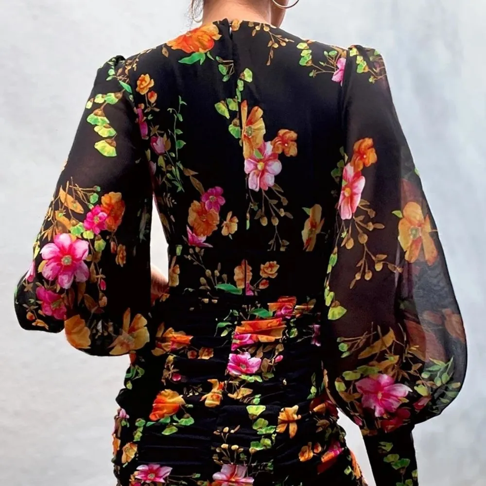 Lantern Long Sleeve Floral Print Bodycon Dress