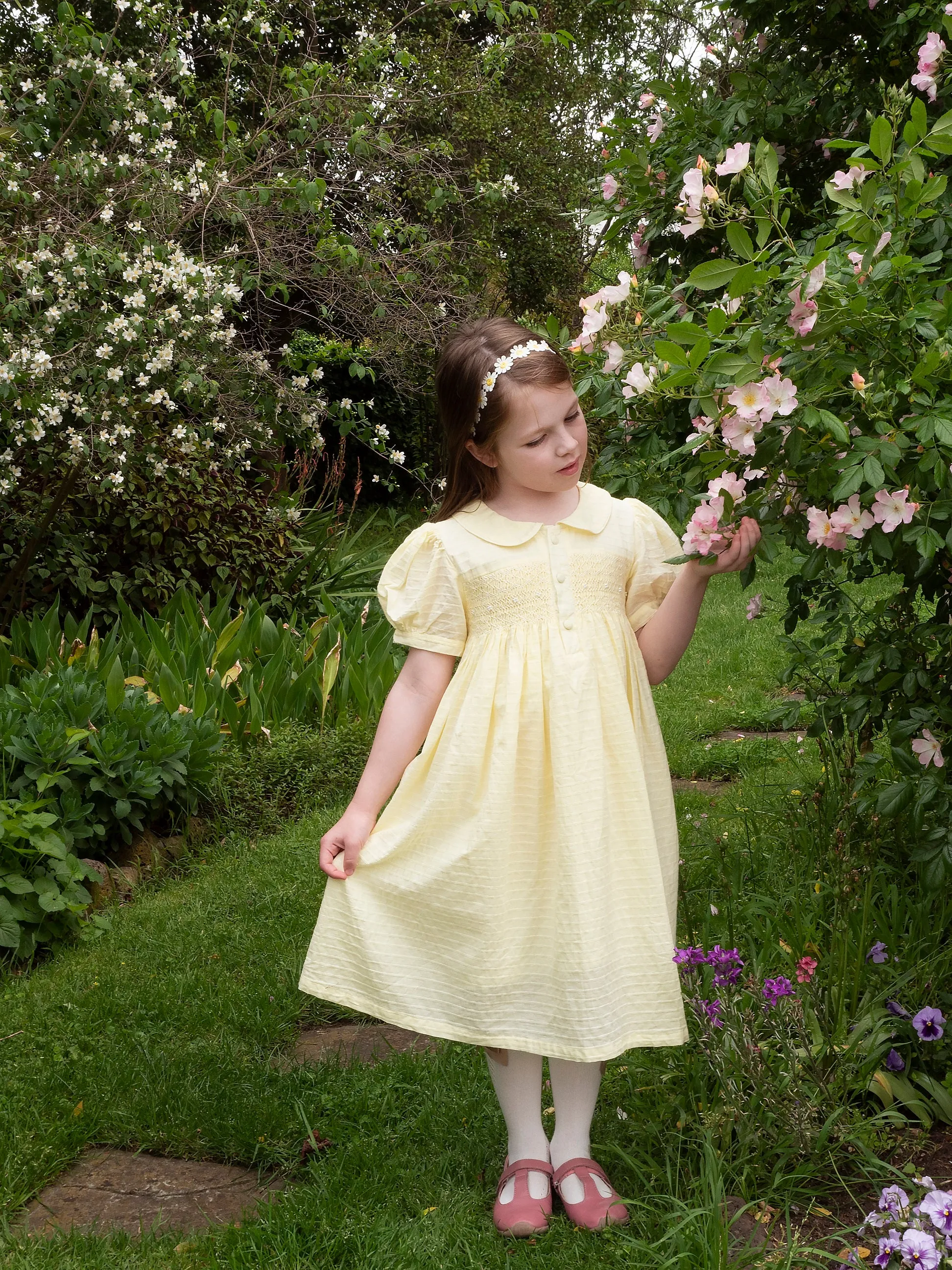 Lemon Smocked Dress With Pearl