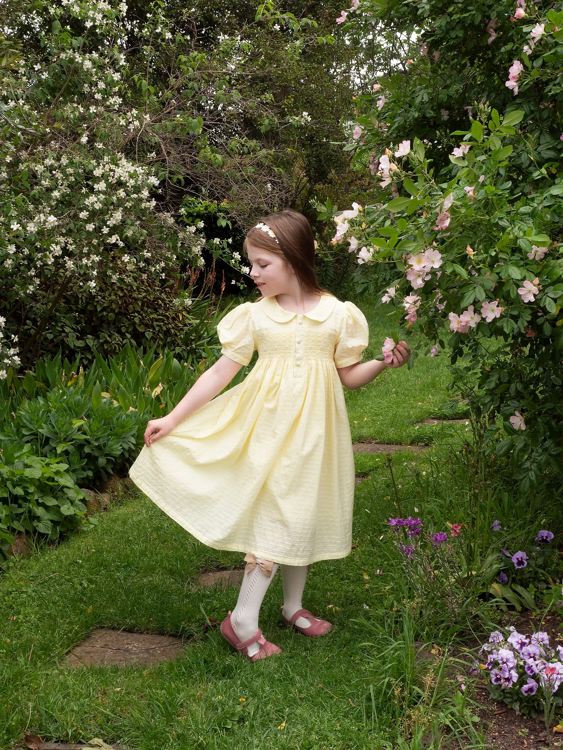 Lemon Smocked Dress With Pearl