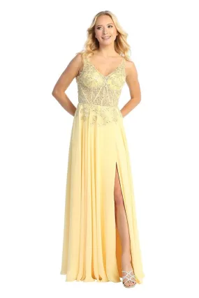 LF 7740 - Flowy Chiffon A-Line Prom Gown with Sheer Beaded Lace Embellished Boned Bodice & Leg Slit