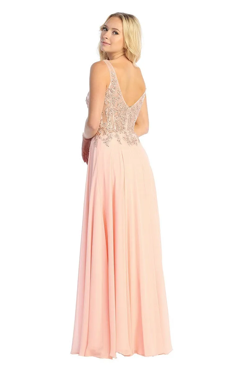 LF 7740 - Flowy Chiffon A-Line Prom Gown with Sheer Beaded Lace Embellished Boned Bodice & Leg Slit