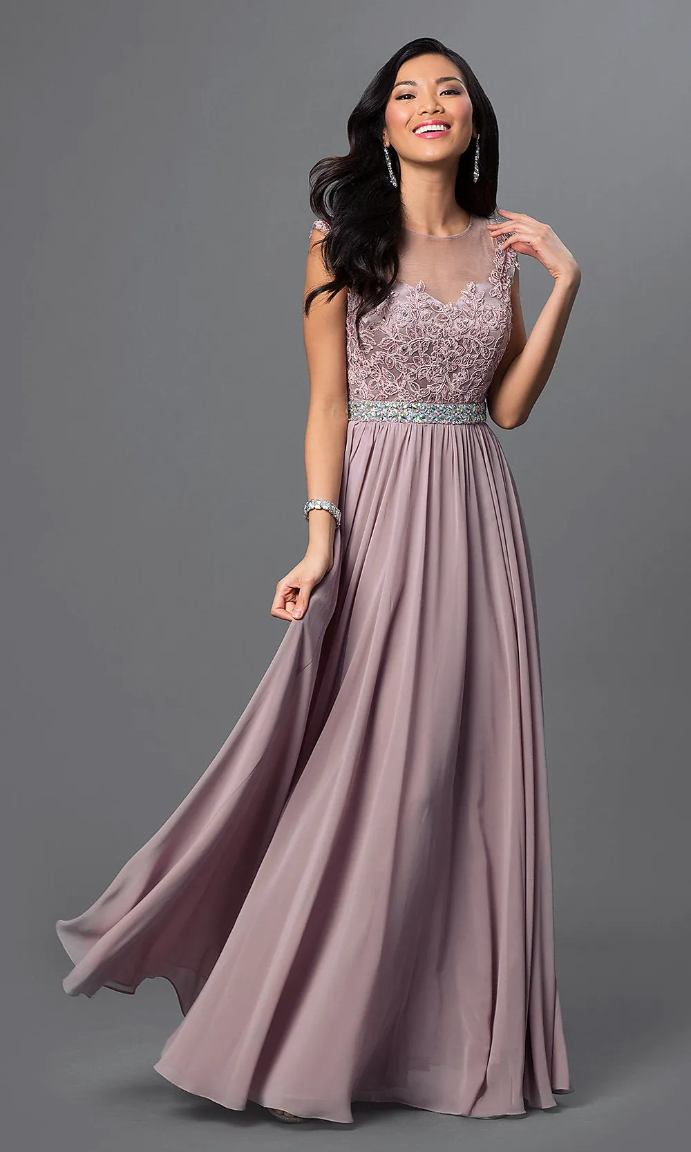 Long Formal Prom Gown with Cap Sleeves