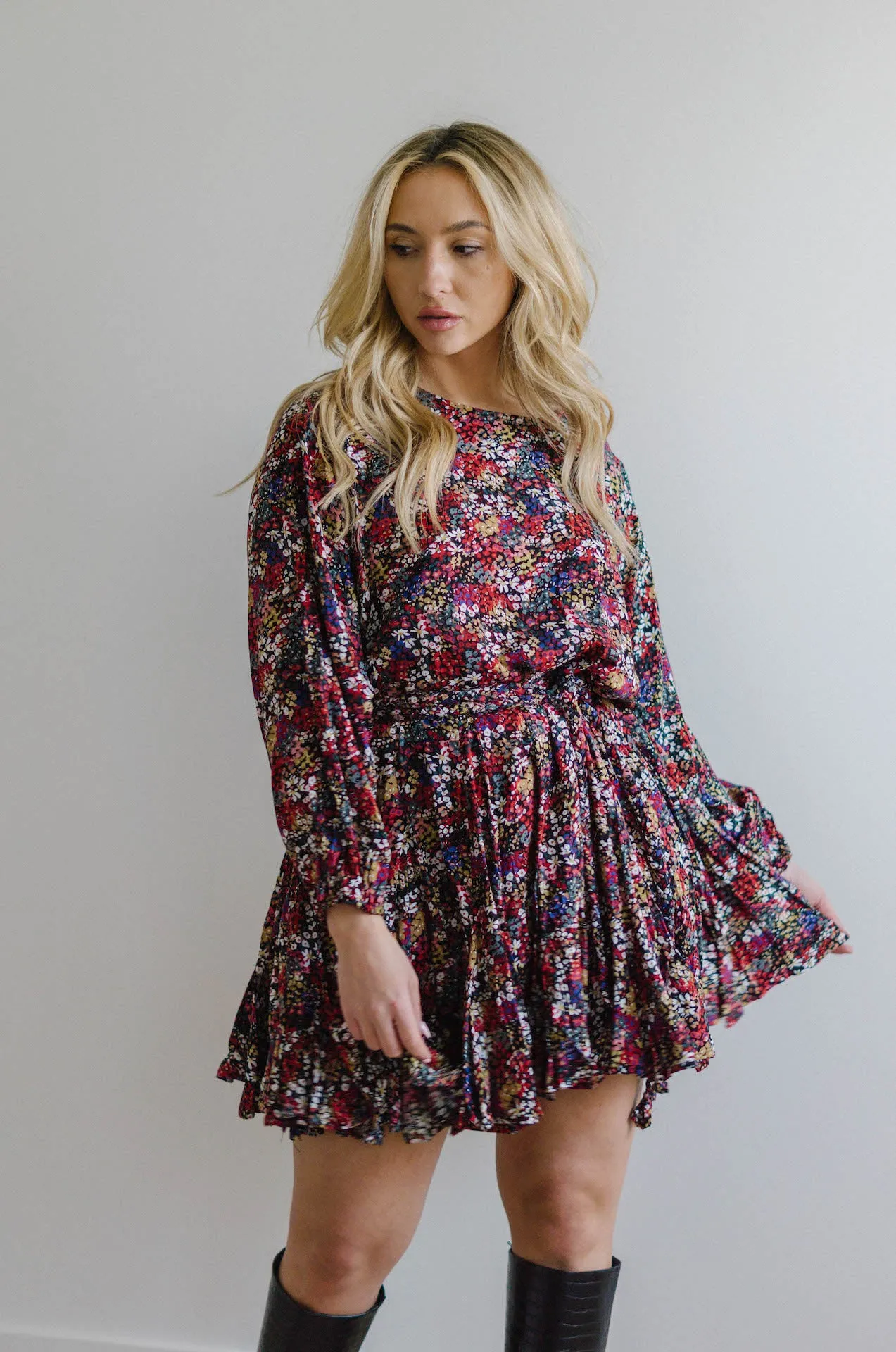Lue Multicolor Floral Pleated Mini Dress