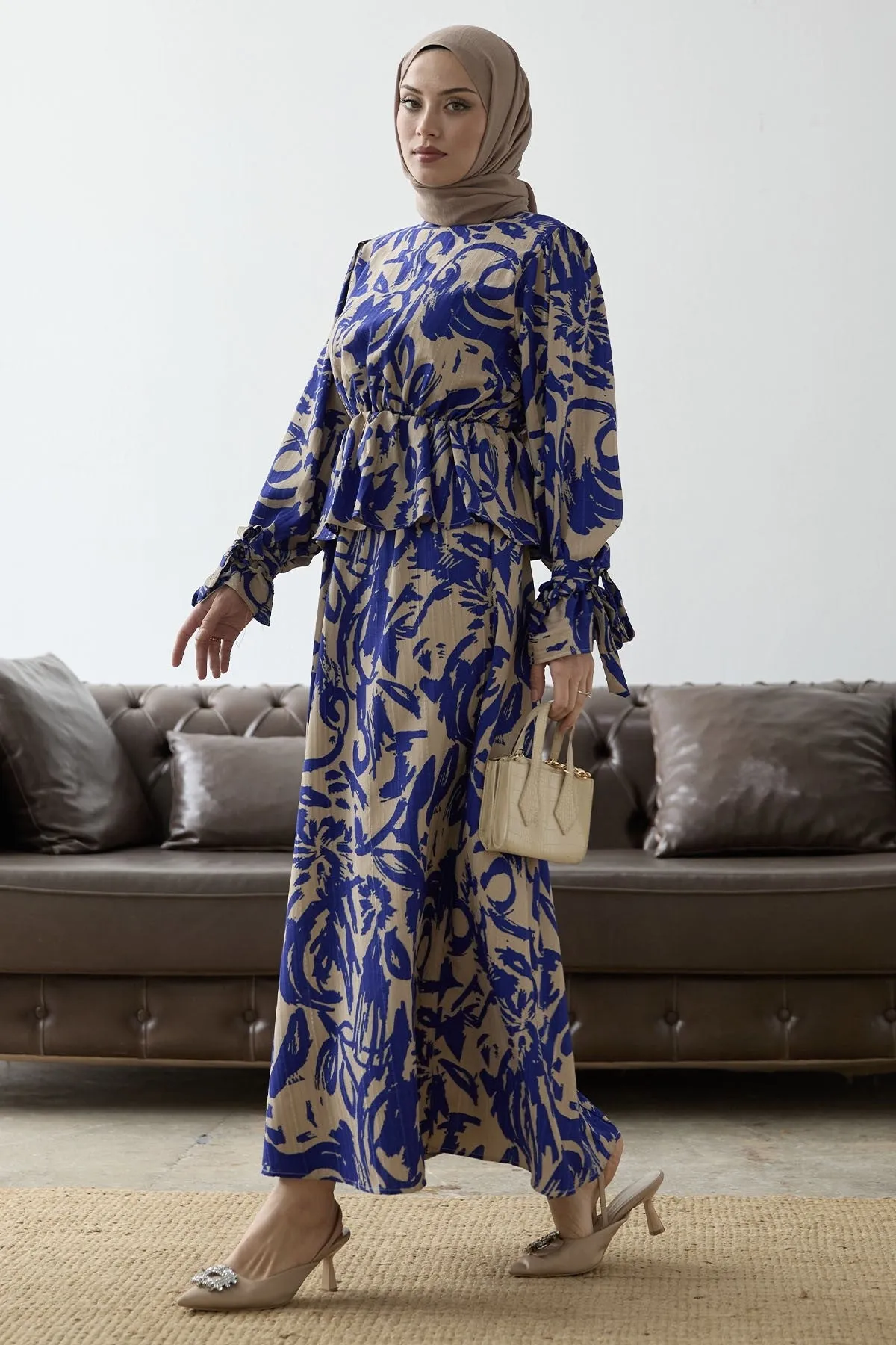 MDS Women Sleeve Tie Patterned Skirt Suit - Sky Blue - Lucca