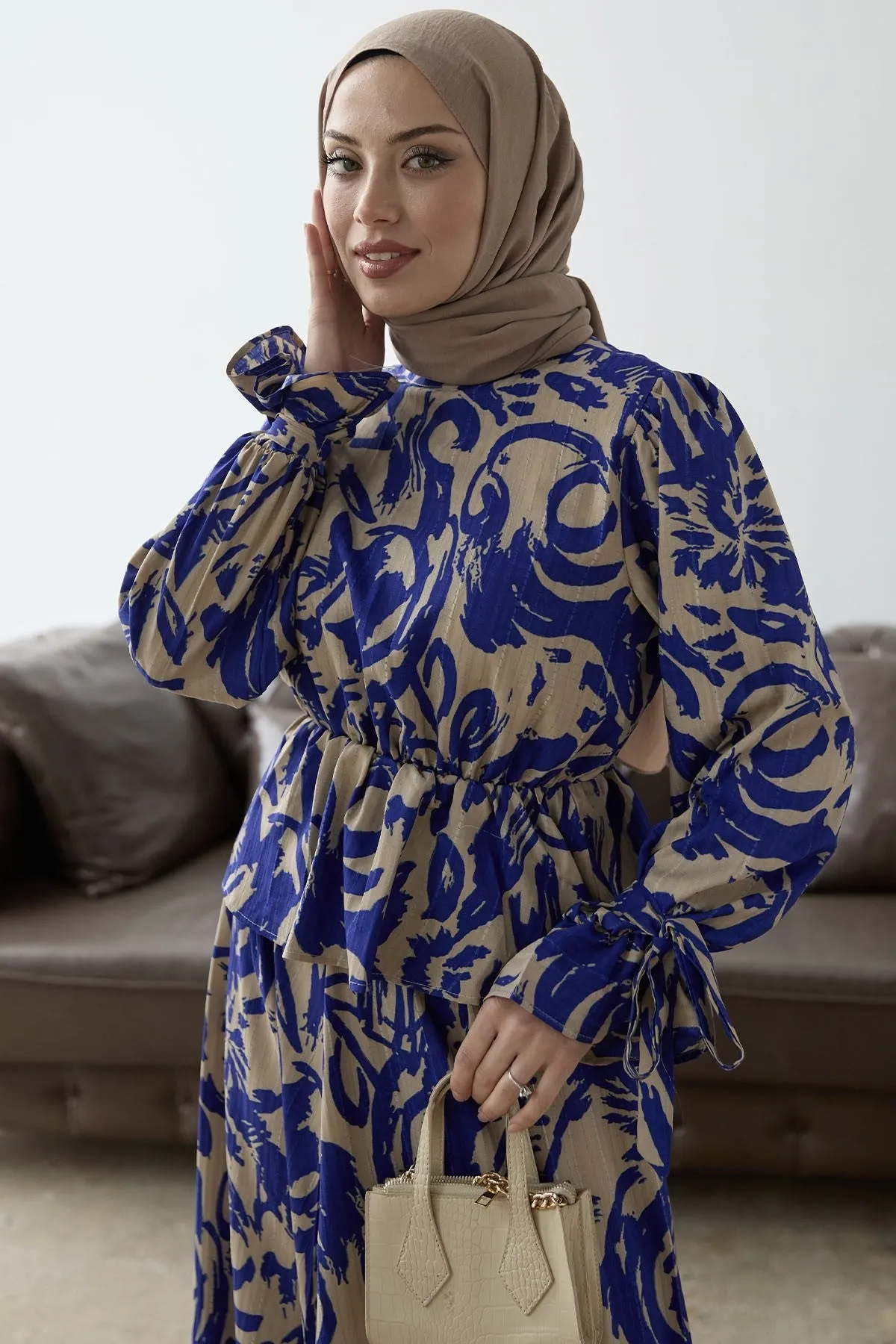 MDS Women Sleeve Tie Patterned Skirt Suit - Sky Blue - Lucca