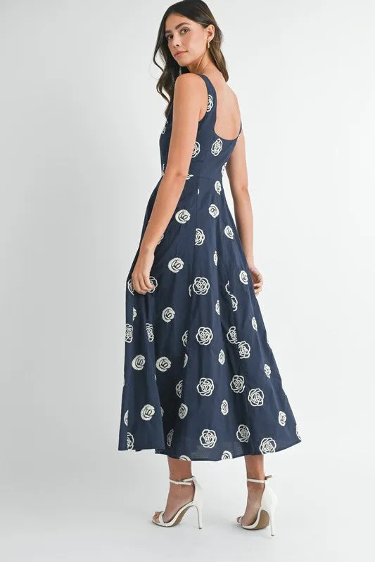 Melanie Sleeveless Embroidered Floral Midi Dress Navy