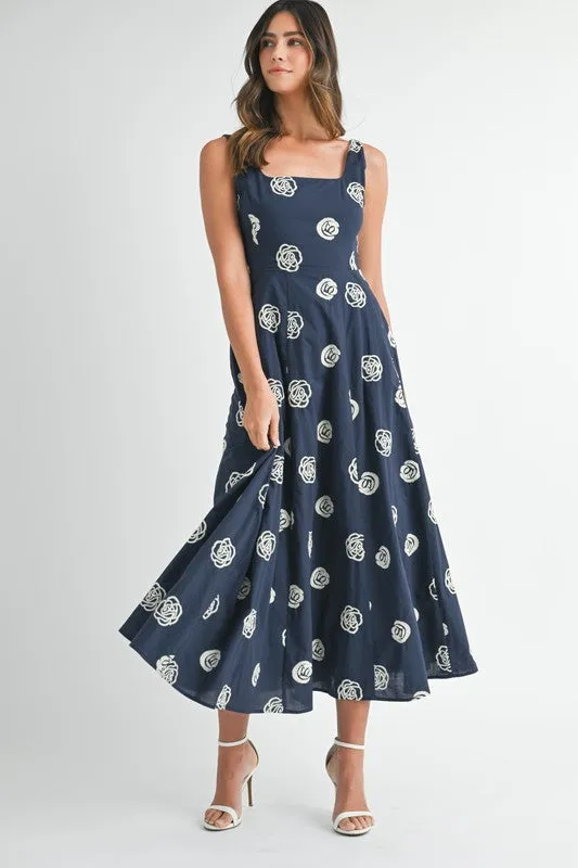 Melanie Sleeveless Embroidered Floral Midi Dress Navy