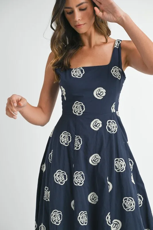Melanie Sleeveless Embroidered Floral Midi Dress Navy