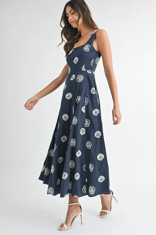 Melanie Sleeveless Embroidered Floral Midi Dress Navy