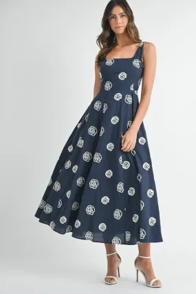Melanie Sleeveless Embroidered Floral Midi Dress Navy