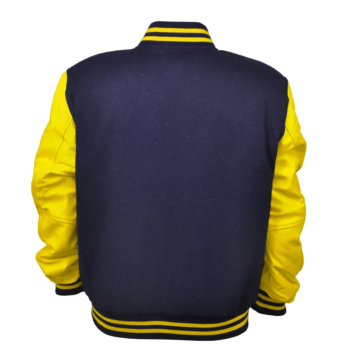 Men’s Varsity Jacket Faux Leather Sleeve and Wool Body Navy/Yellow