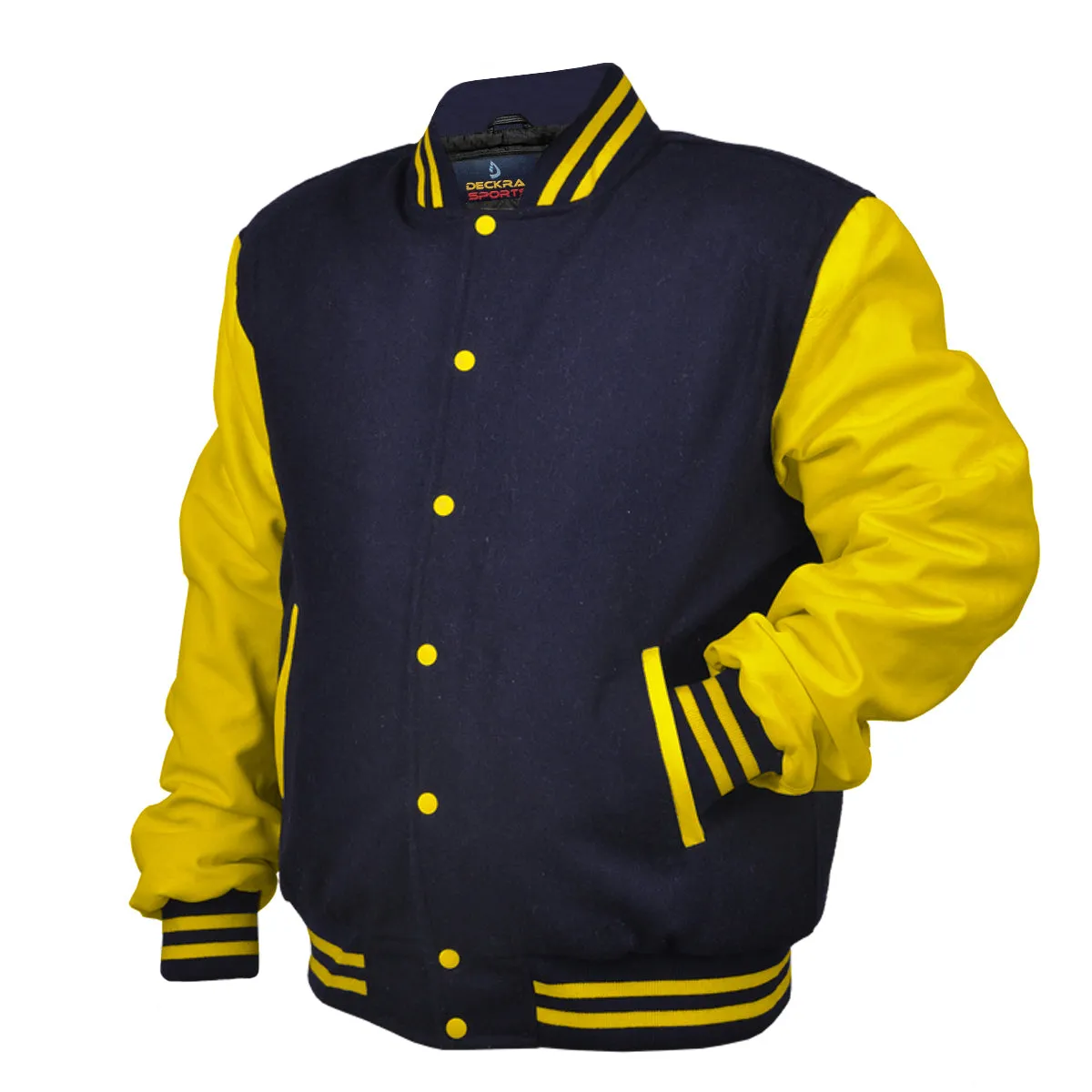 Men’s Varsity Jacket Faux Leather Sleeve and Wool Body Navy/Yellow