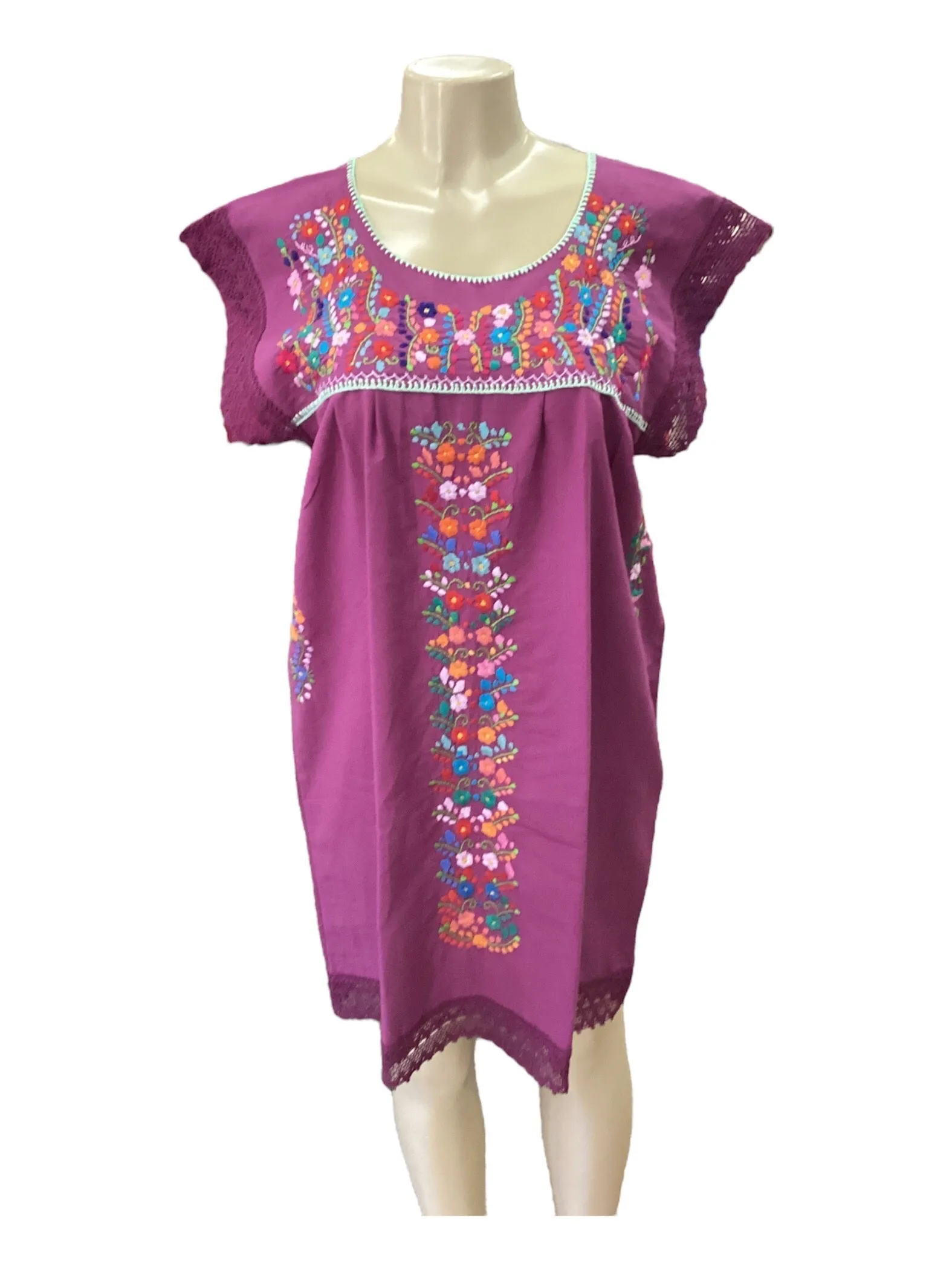 Mexican Tehuacan Dress with Lace Magenta