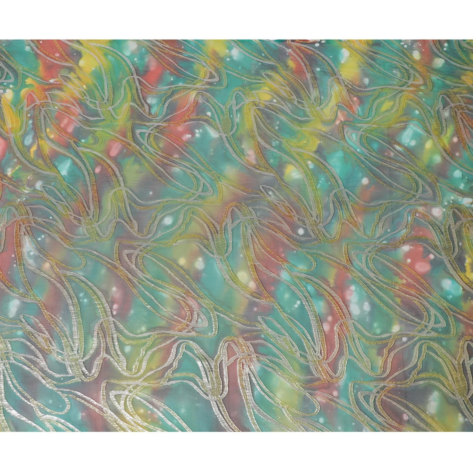 Multicolor premium pure chiffon fabric with metallic lurex and multi color hand print in abstract design-D15677