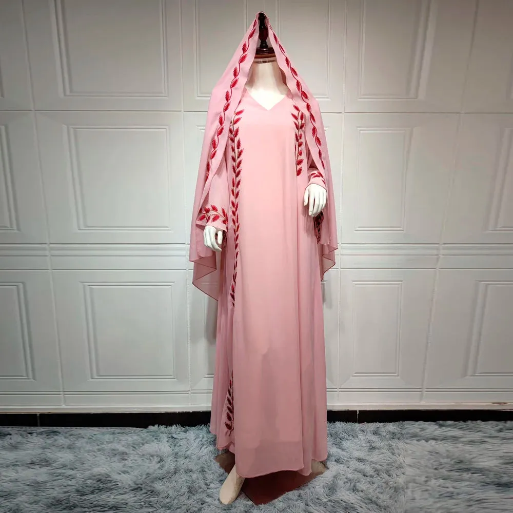 Muslim Embroidery Pink Abaya Dress