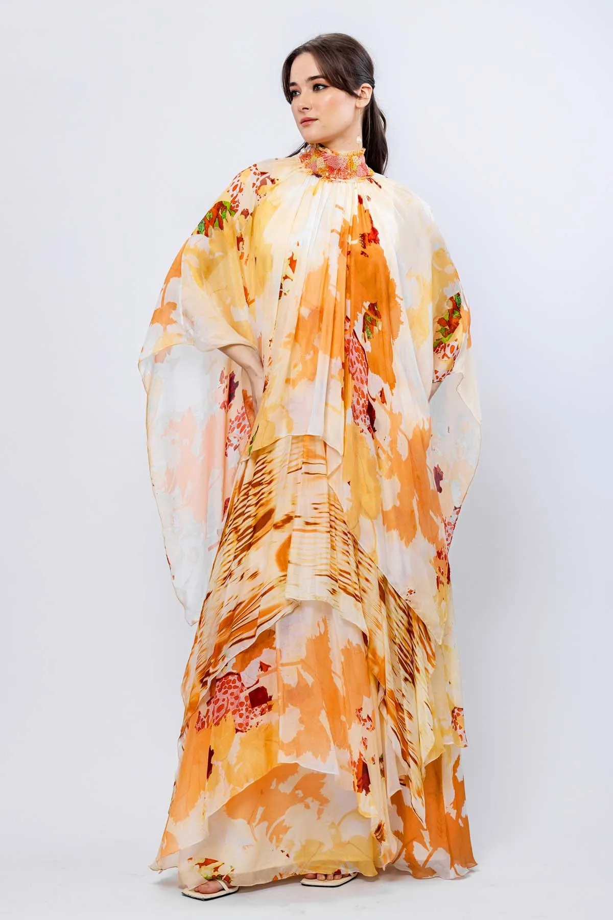 Ochre Chiffon Layered Gown
