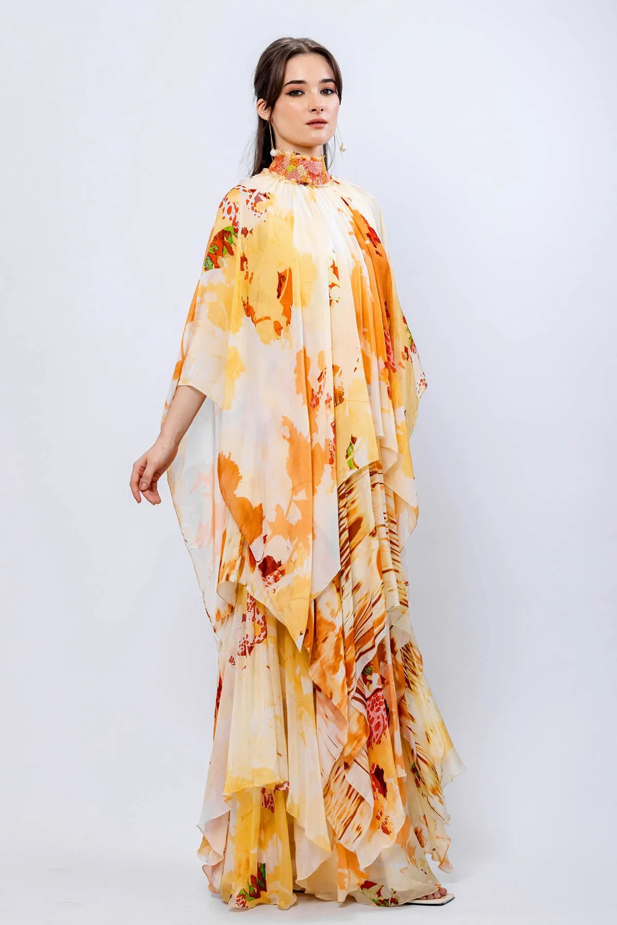 Ochre Chiffon Layered Gown