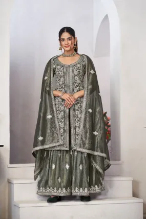 Olive Green Sequins Embroidered With Real Mirror Work Sharara Set Of 3