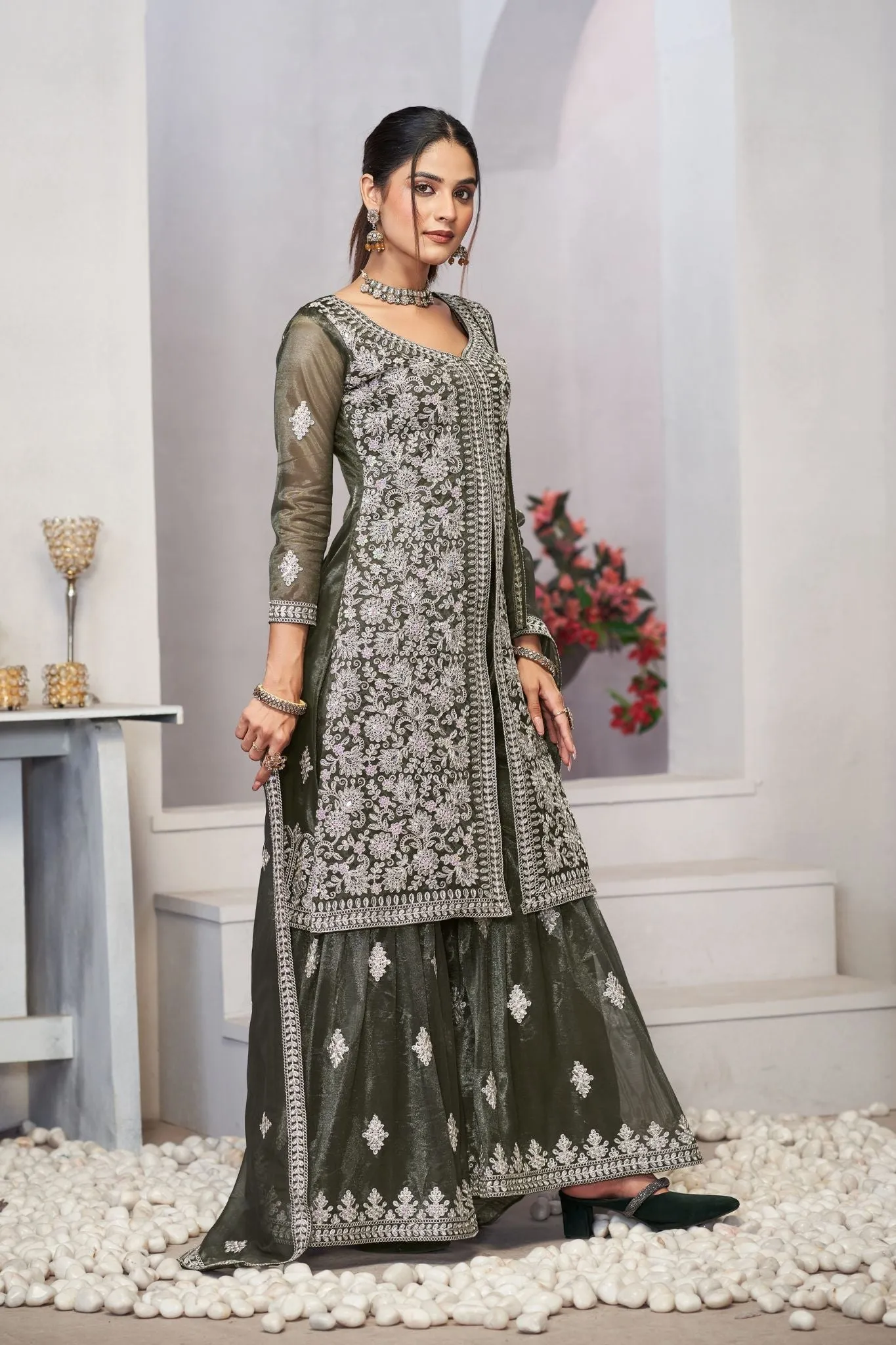 Olive Green Sequins Embroidered With Real Mirror Work Sharara Set Of 3