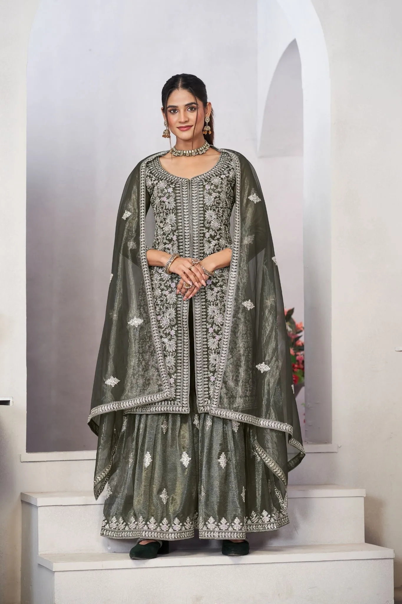 Olive Green Sequins Embroidered With Real Mirror Work Sharara Set Of 3
