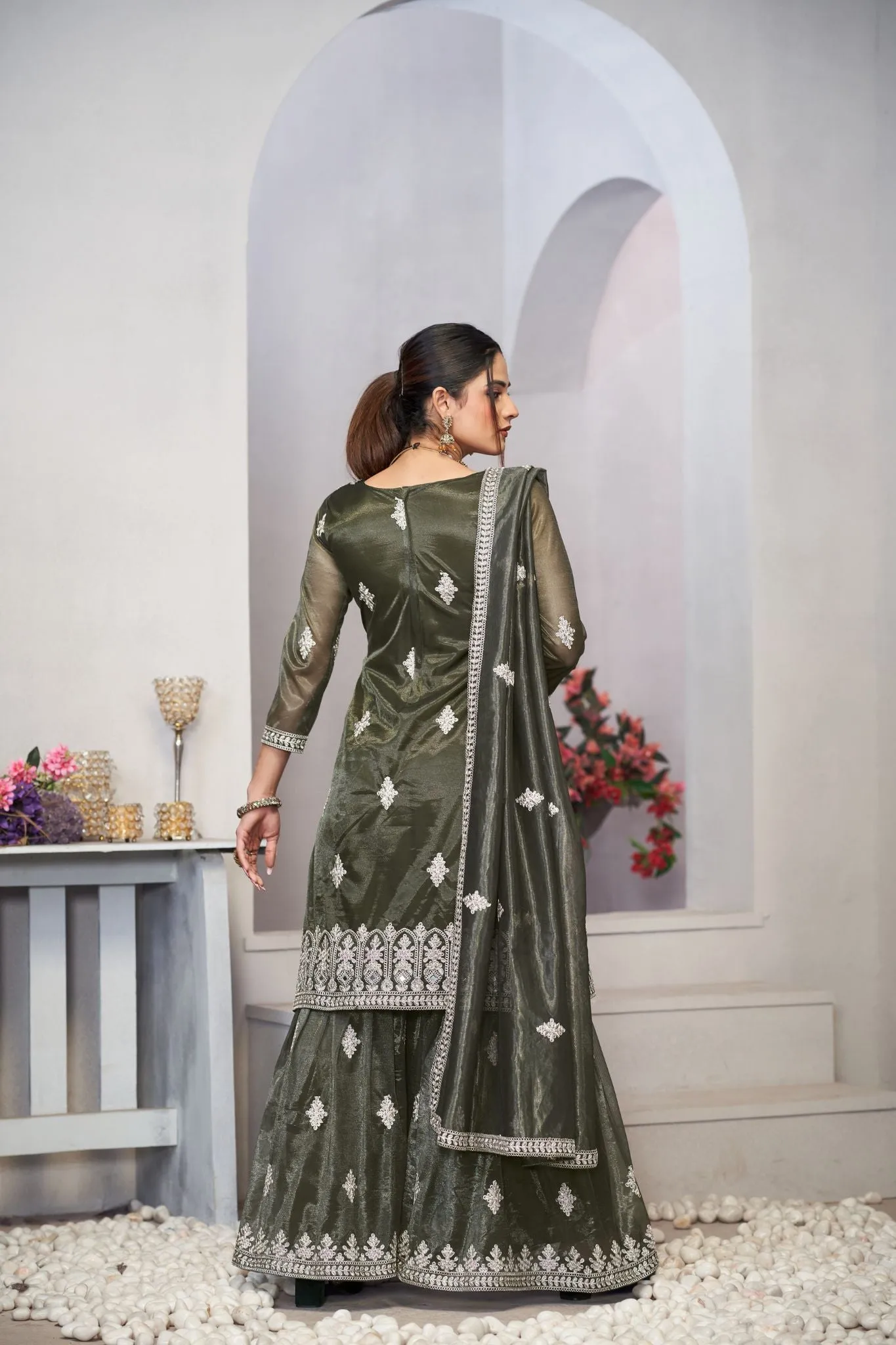 Olive Green Sequins Embroidered With Real Mirror Work Sharara Set Of 3