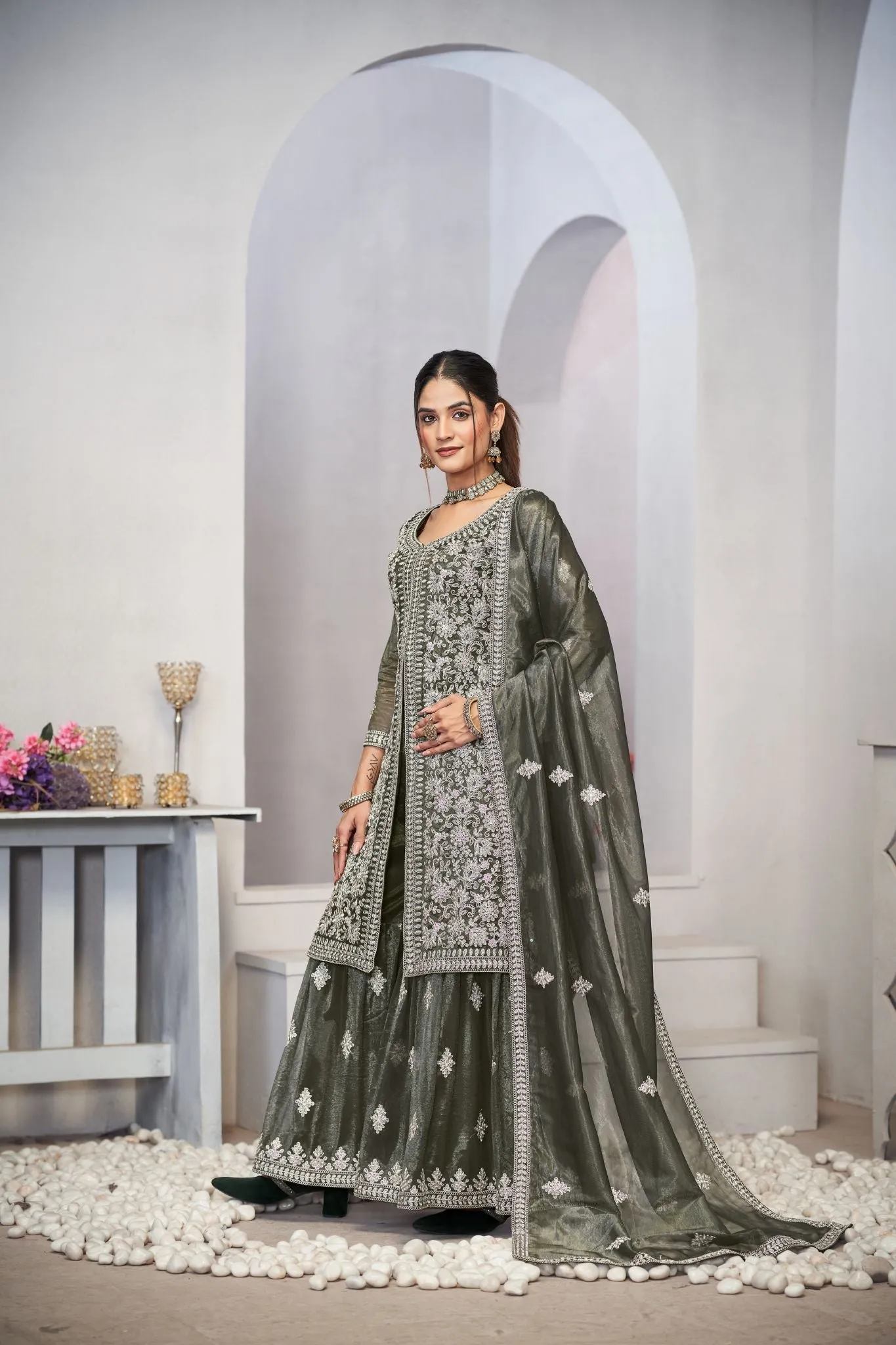Olive Green Sequins Embroidered With Real Mirror Work Sharara Set Of 3
