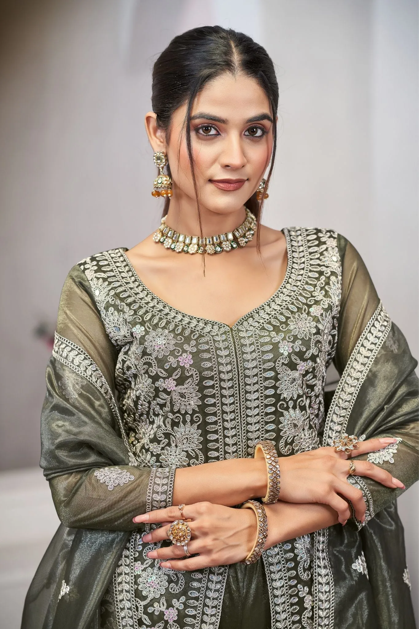 Olive Green Sequins Embroidered With Real Mirror Work Sharara Set Of 3