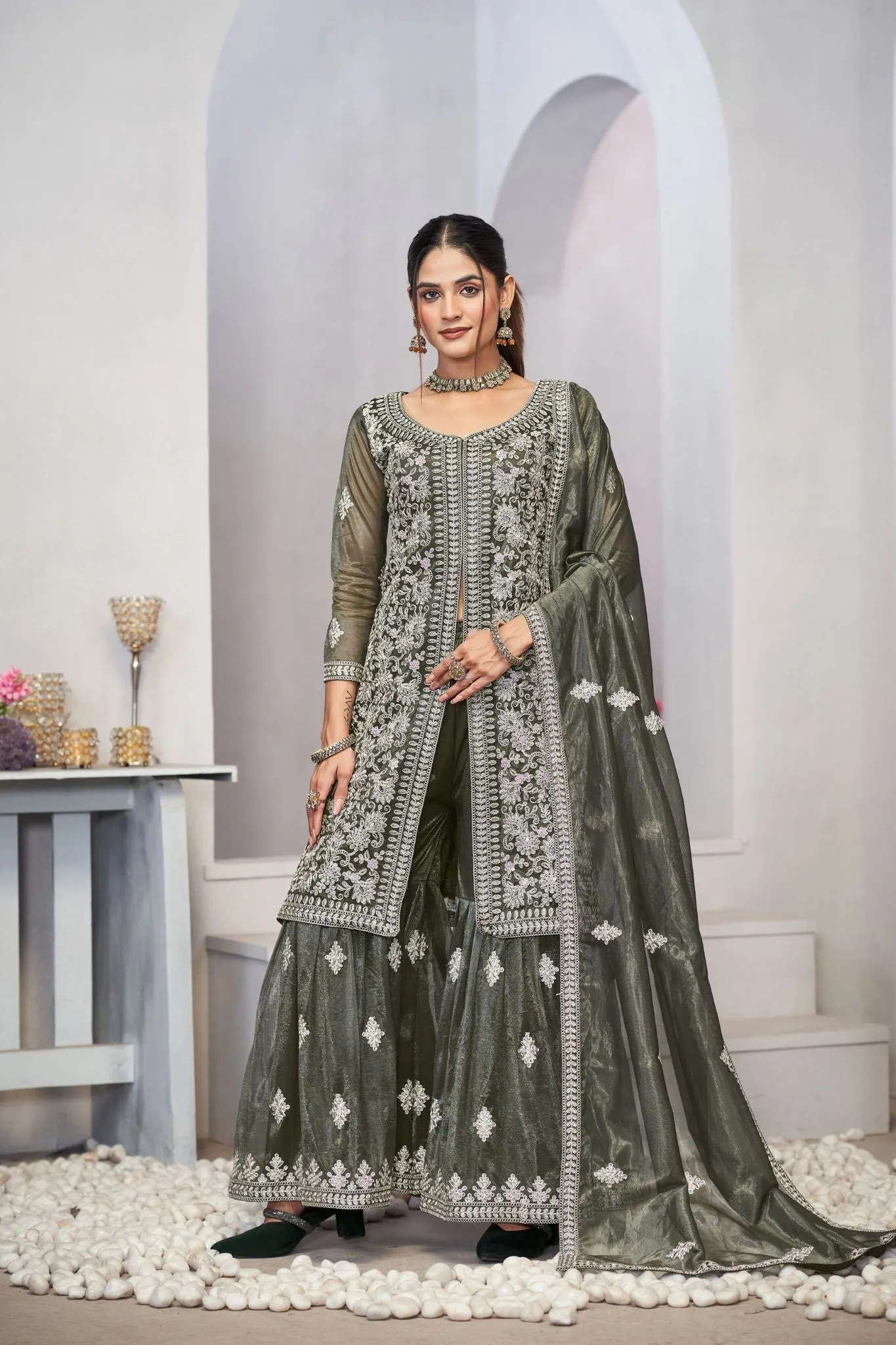 Olive Green Sequins Embroidered With Real Mirror Work Sharara Set Of 3
