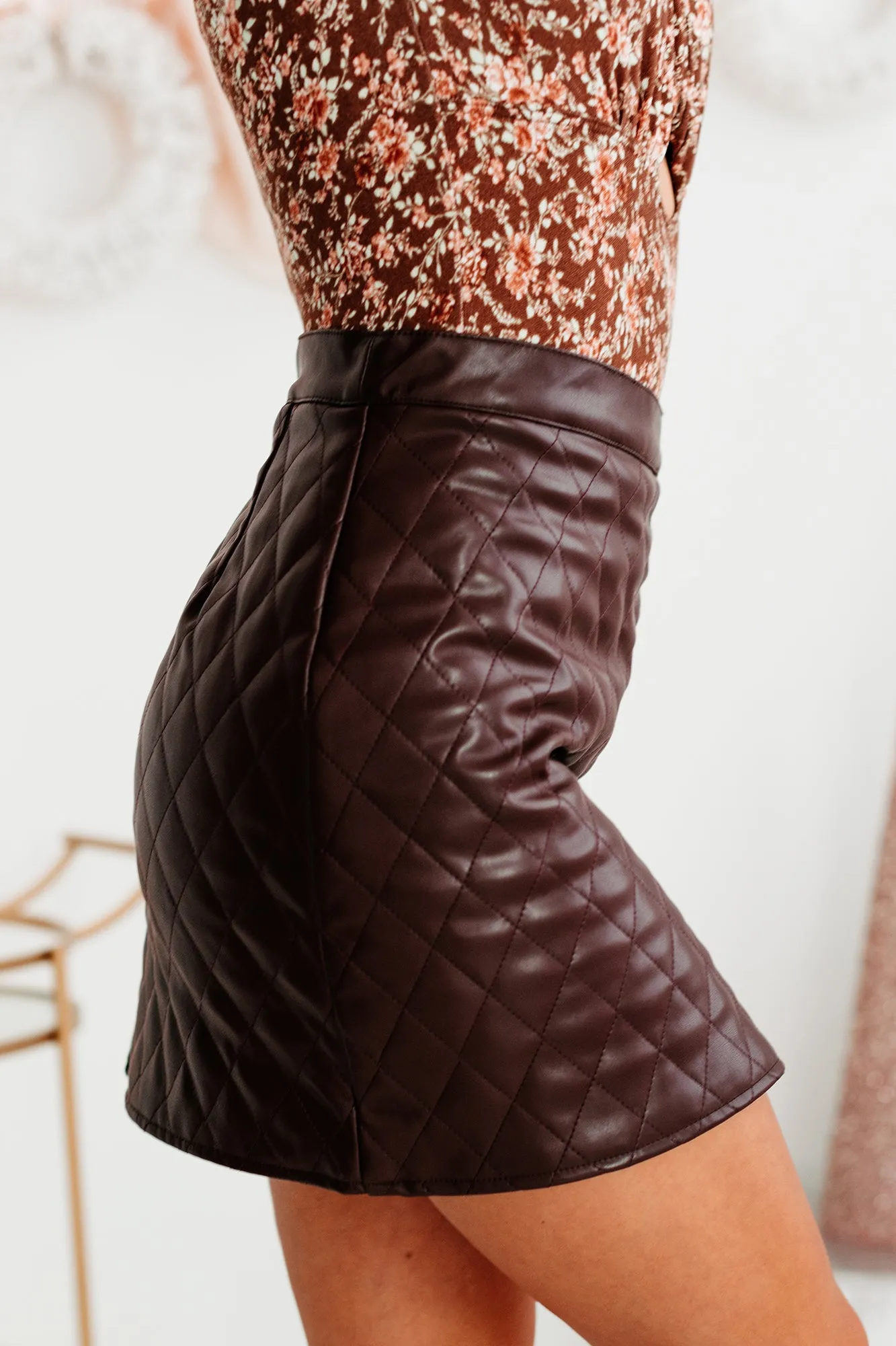 Out Of The Ordinary Quilted Faux Leather Mini Skirt (Mulberry)