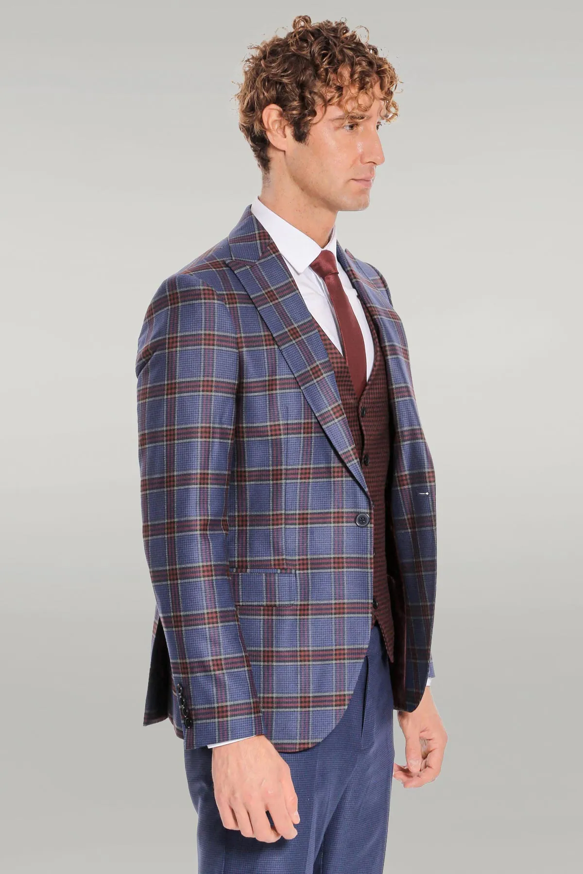 Patterned Checked Slim Fit Blue Men Suit - Wessi