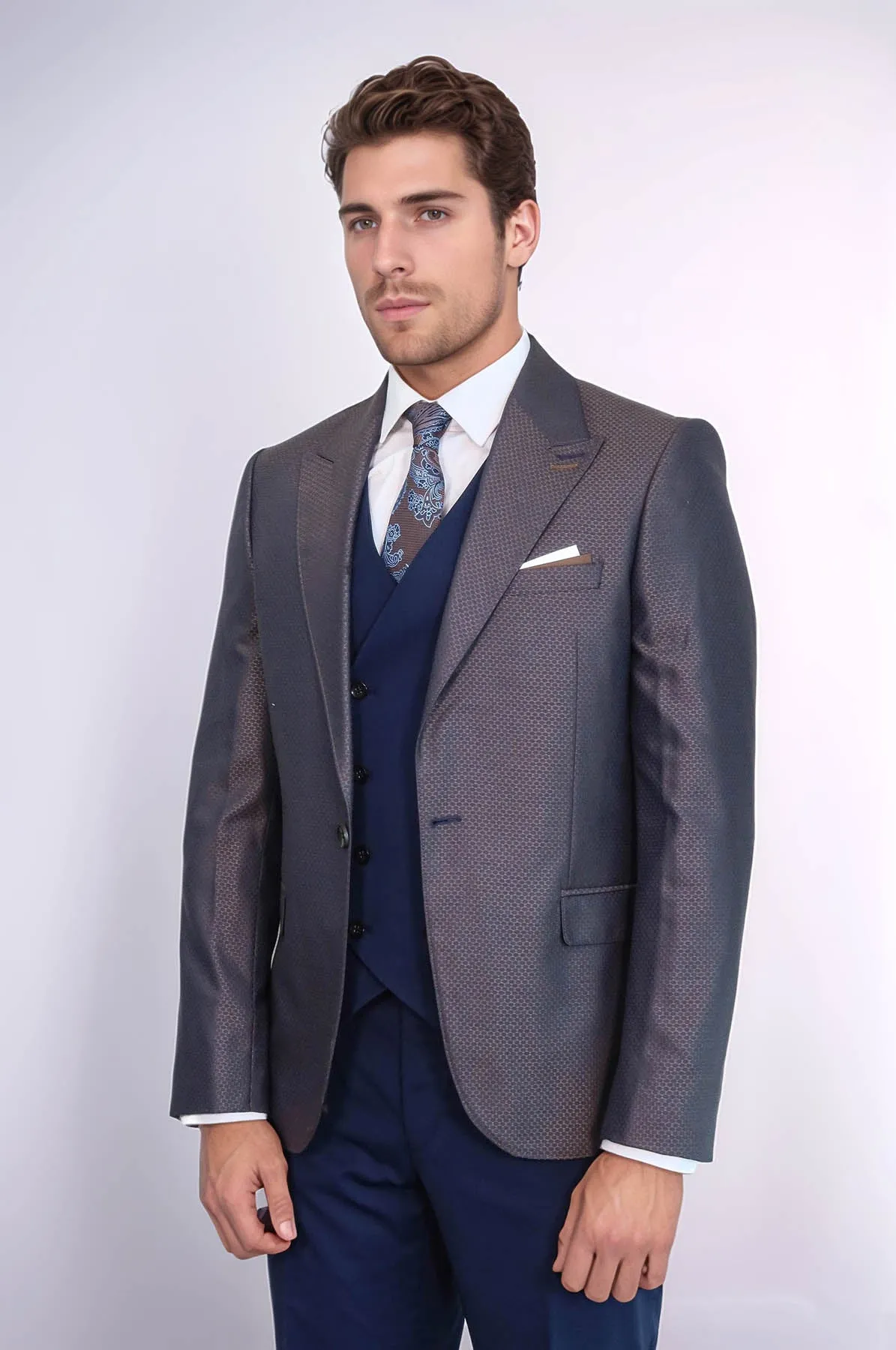 Patterned Navy Blue Brown Men Suit - Wessi
