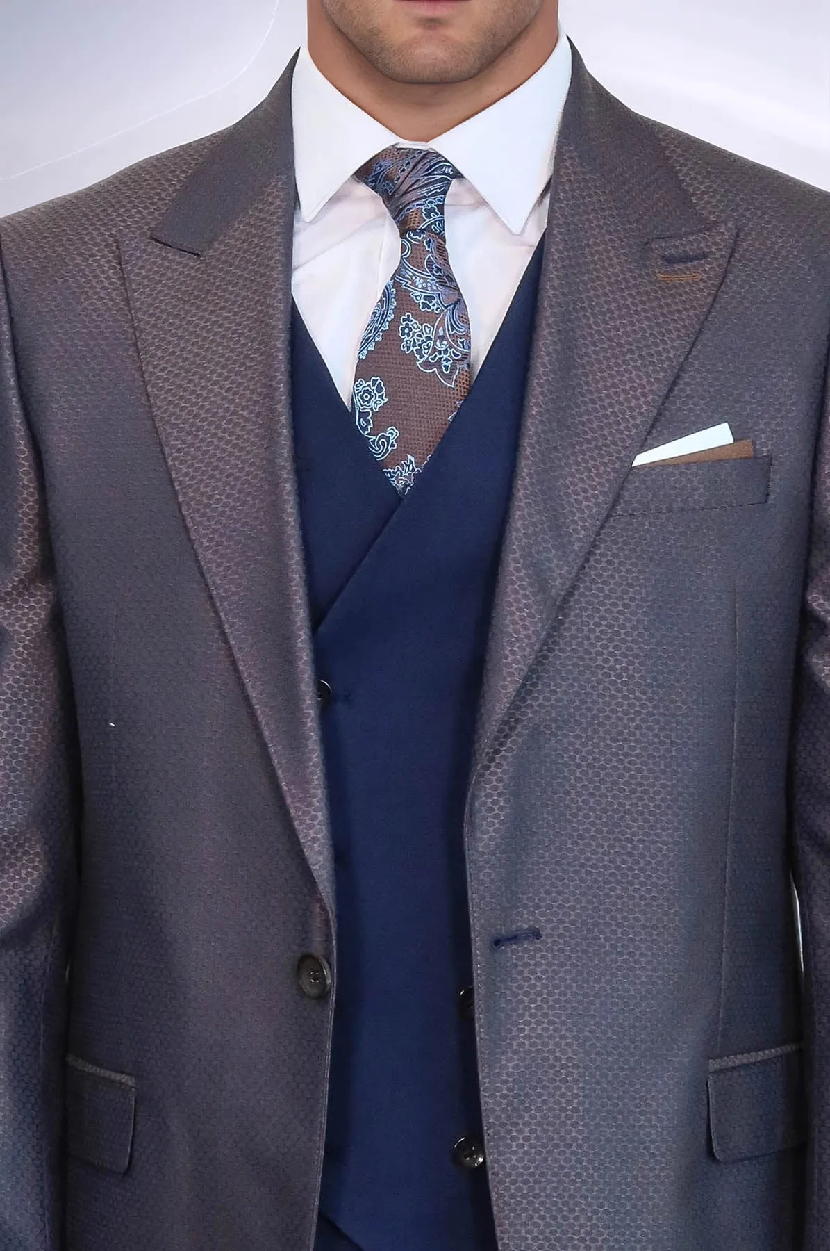 Patterned Navy Blue Brown Men Suit - Wessi