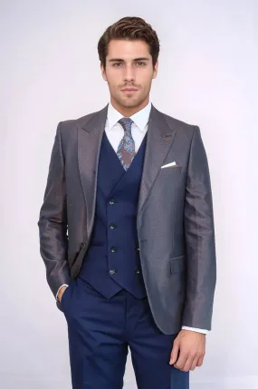 Patterned Navy Blue Brown Men Suit - Wessi