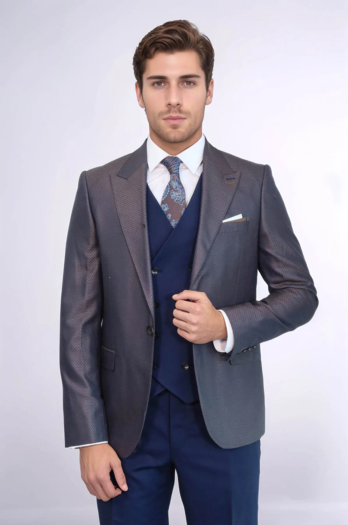 Patterned Navy Blue Brown Men Suit - Wessi