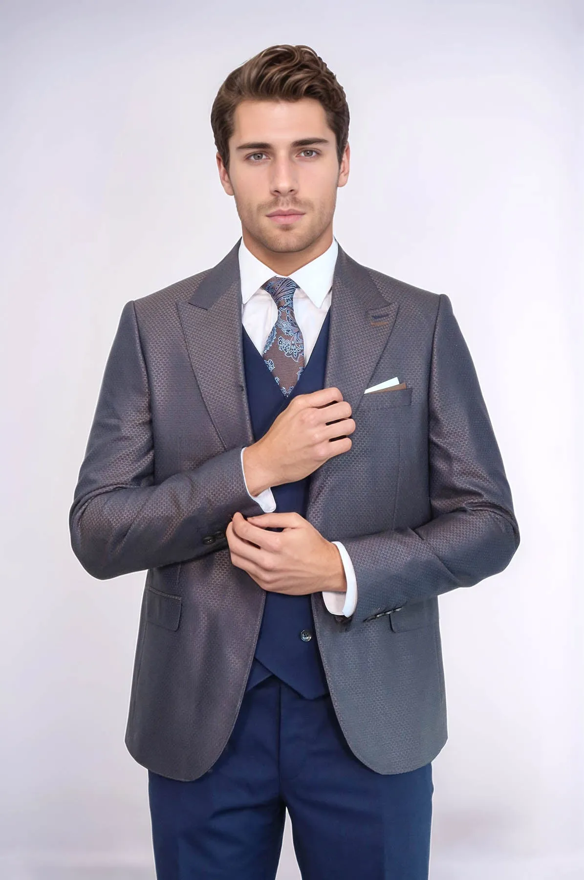 Patterned Navy Blue Brown Men Suit - Wessi