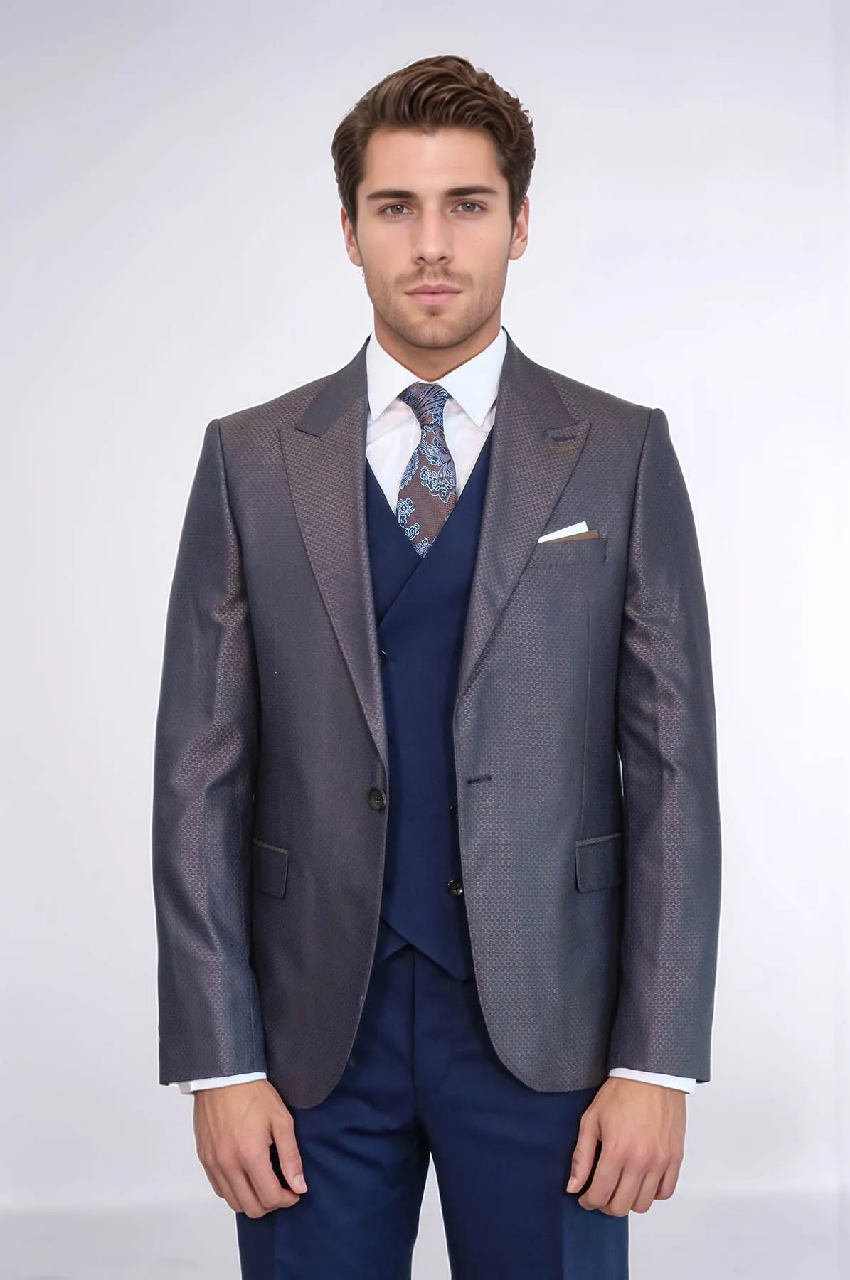 Patterned Navy Blue Brown Men Suit - Wessi