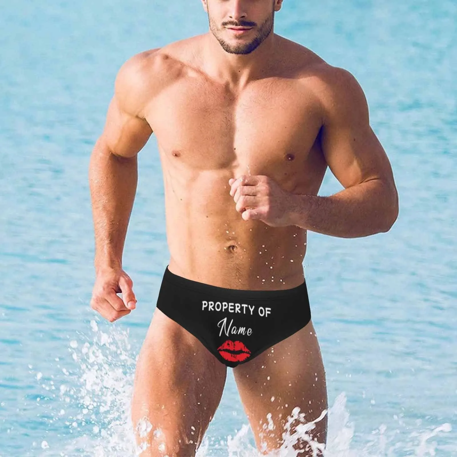 Personalized Triangle Swim Briefs with Custom Name Print Property & Hot Lips Men's Customized Swim Trunks
