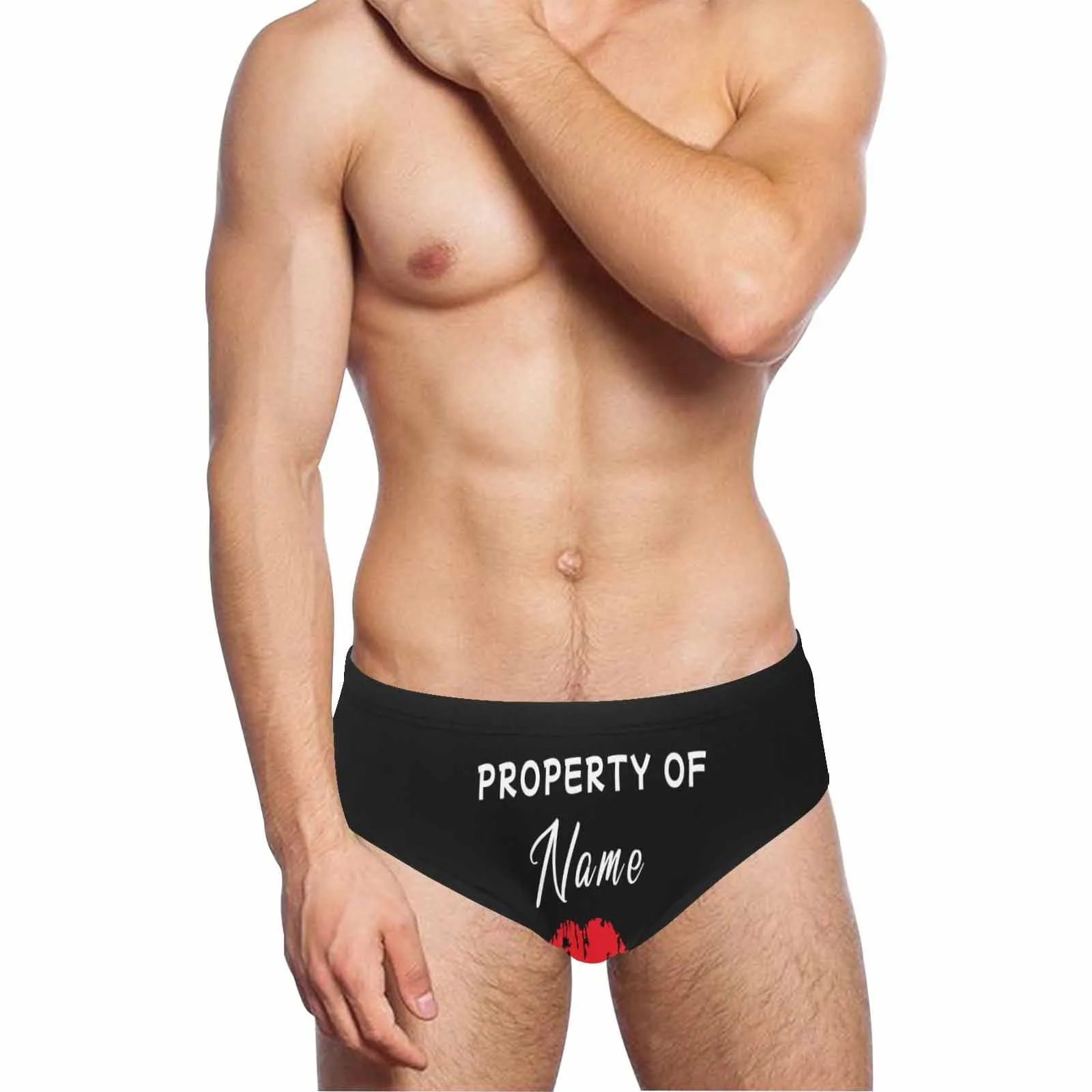 Personalized Triangle Swim Briefs with Custom Name Print Property & Hot Lips Men's Customized Swim Trunks