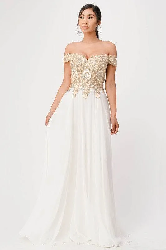 Plus Size Off Shoulder Chiffon Gown with Gold Lace