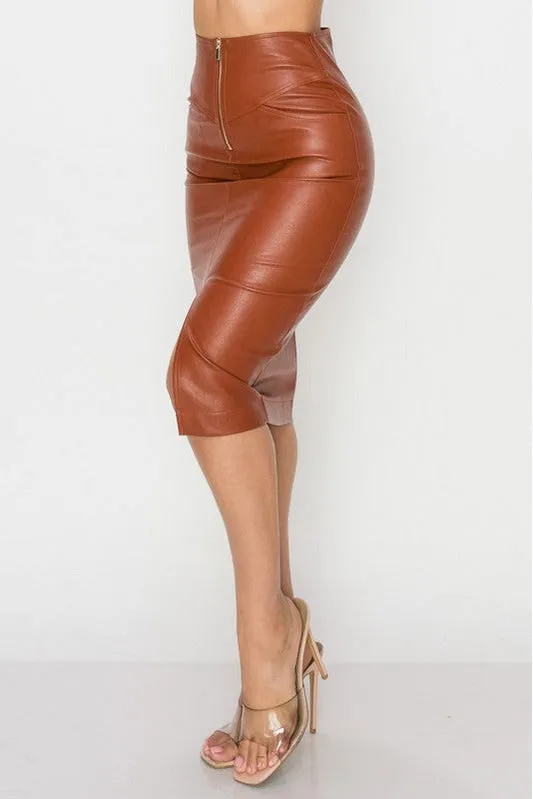PRIVY SUPER STRETCH FAUX LEATHER FRONT SLIT MIDI SKIRT