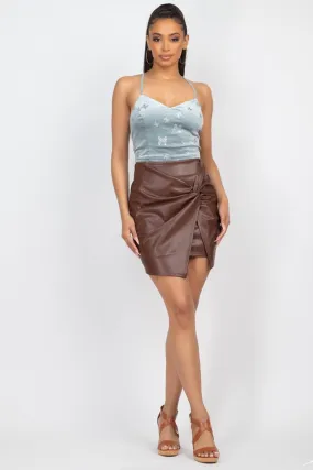 PU side twisted asymmetrical skirt