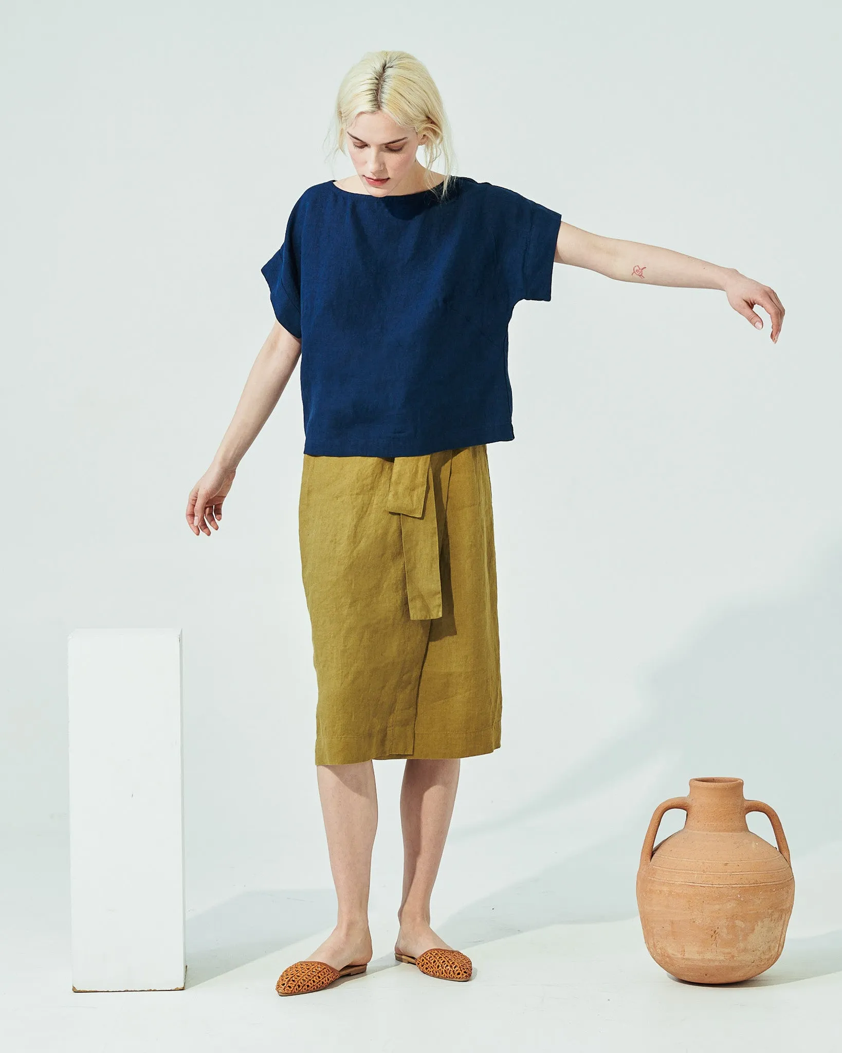R: MARFA faux-wrap linen skirt (Size: S; Color: Admiral Blue)