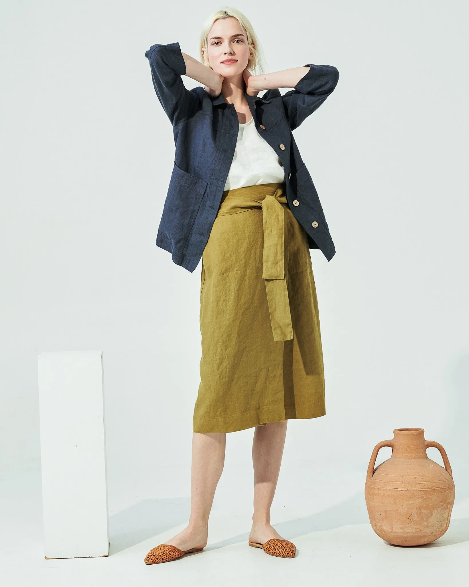 R: MARFA faux-wrap linen skirt (Size: S; Color: Admiral Blue)