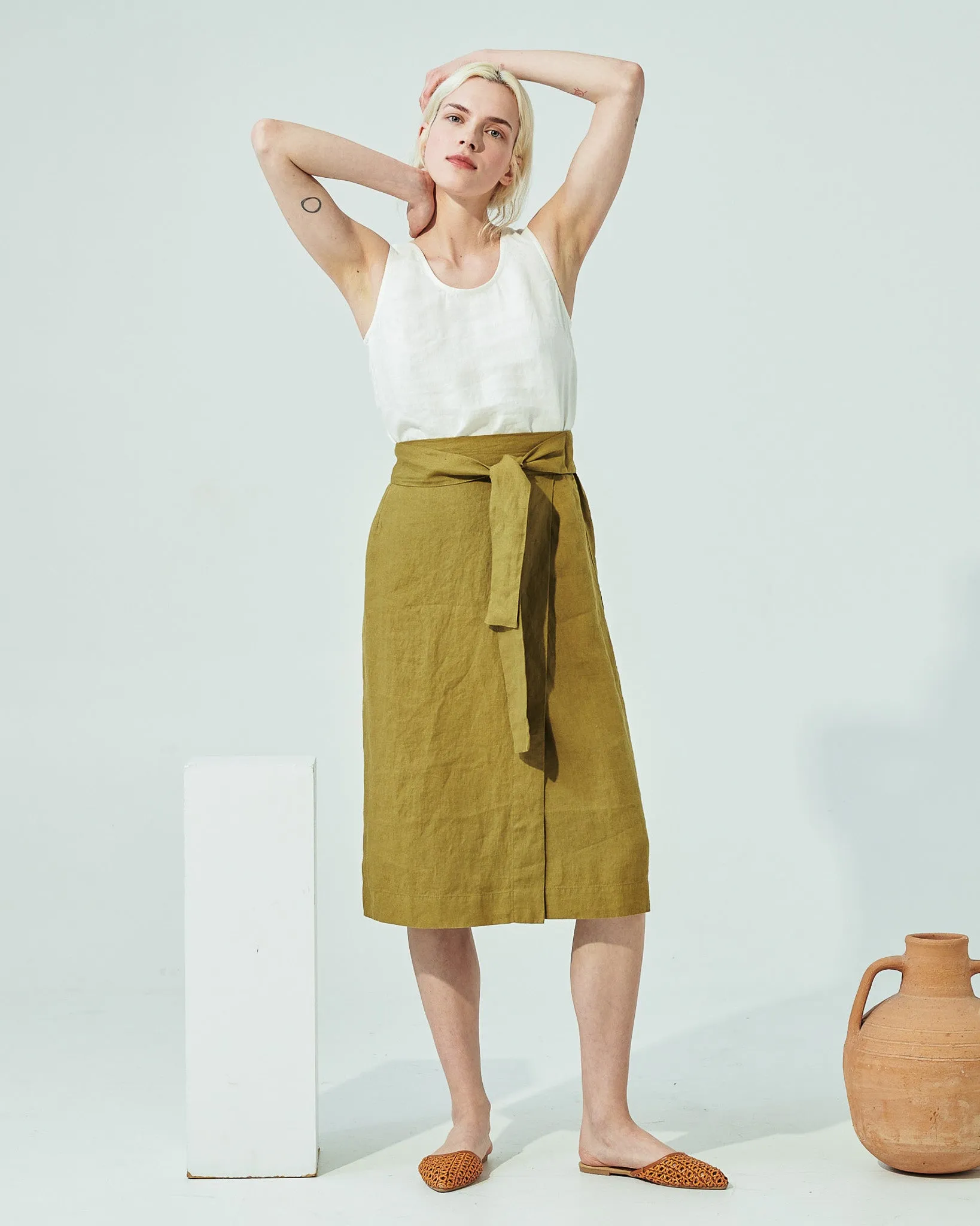 R: MARFA faux-wrap linen skirt (Size: S; Color: Admiral Blue)