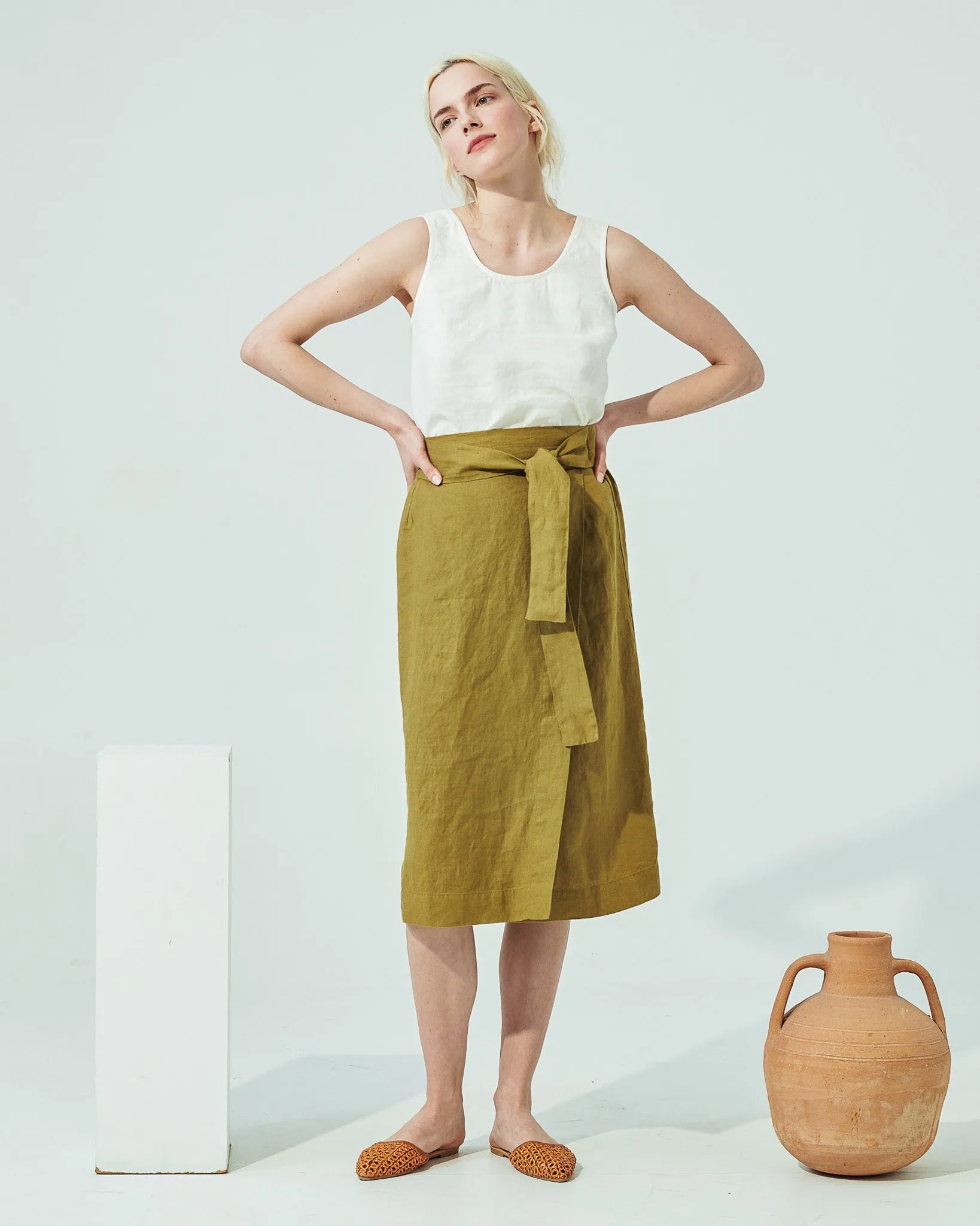 R: MARFA faux-wrap linen skirt (Size: S; Color: Admiral Blue)
