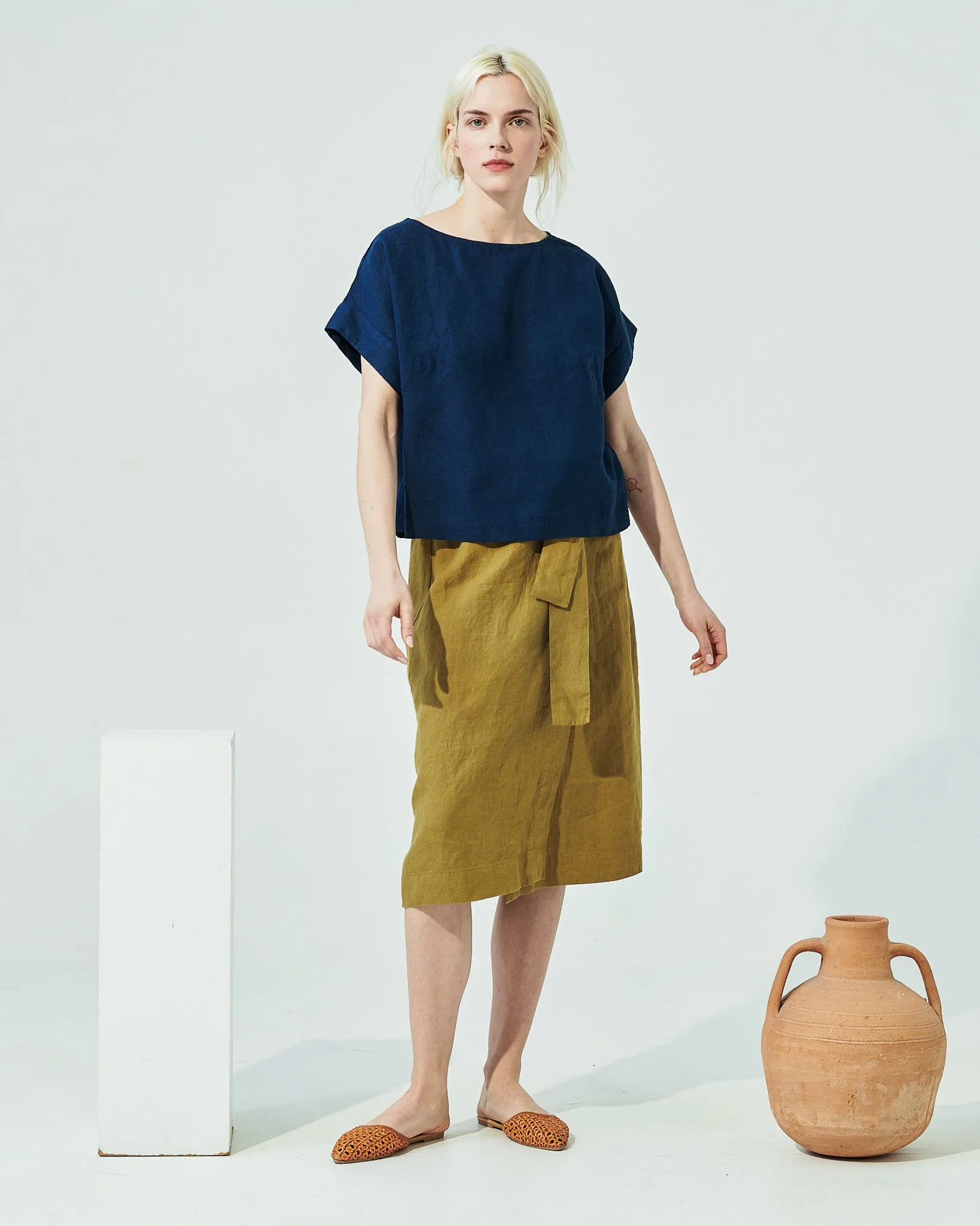 R: MARFA faux-wrap linen skirt (Size: S; Color: Admiral Blue)